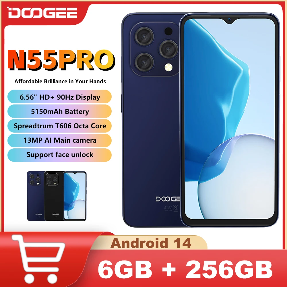 DOOGEE N55 Pro Smartphone 6.56 "90Hz IPS Spreadtrum T606 Octa Core 4G 5150mAh Widevine L1 13MP Face Unlock 6GB + 256GB Android 14