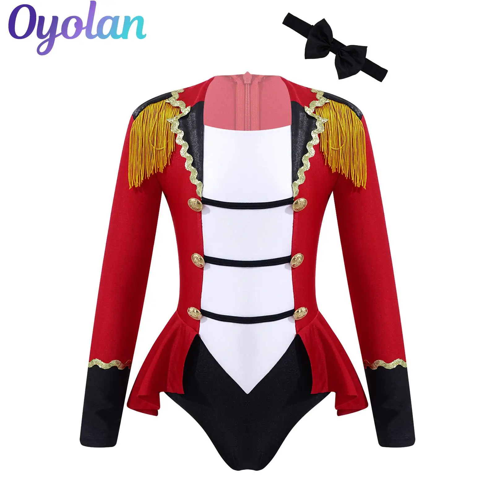 

Kids Girls Circus Ringmaster Director Costume Lion Tamer Showman Cosplay Outfits Buttons Tassel Bodysuit Jumpsuit with Tie