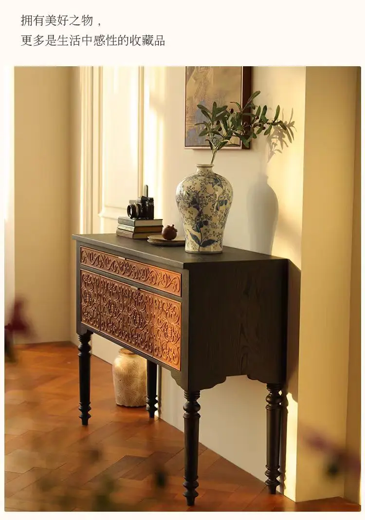 Solid wood carving flower porch cabinet American living room display cabinet porch collection retro style