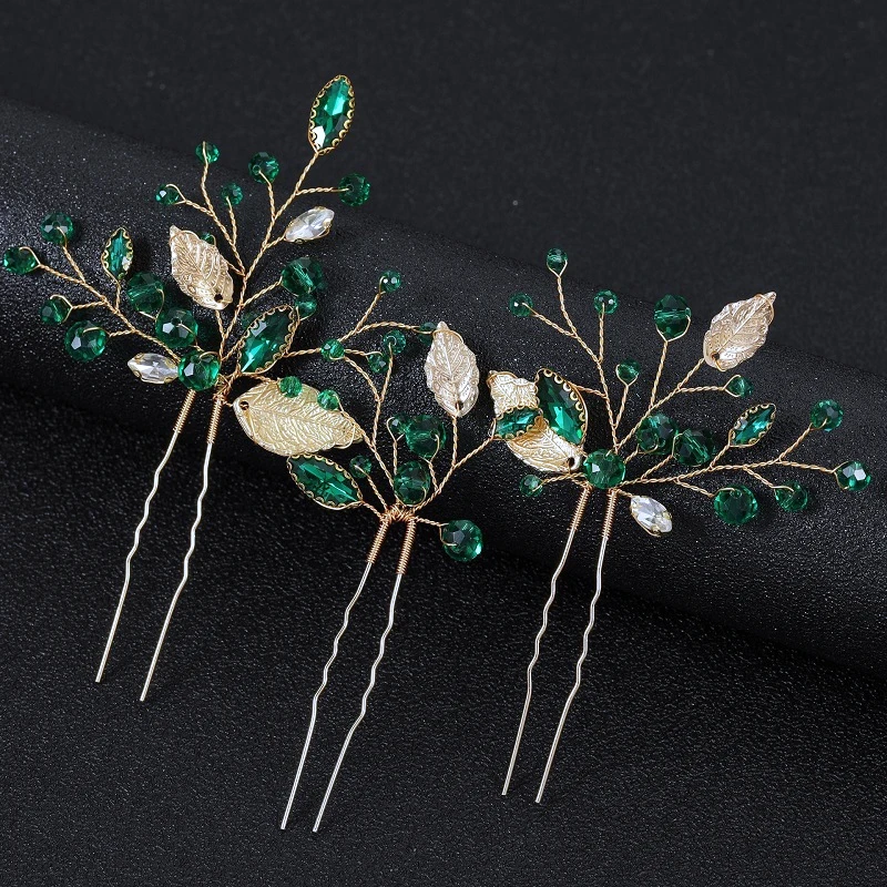 Bohe Green Rhinestones Wedding Hairpins Gold Leaves Bridal Hair Clips Prom Banquet Women Hair Accessories Festival Hair Jewelry