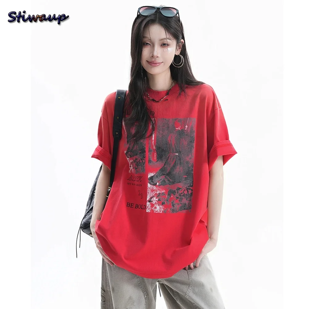 Womens T-shirt American Vintage Red Portrait Print Short Sleeve Women T Shirts Unisex Tshirts Oversized Man 100 Cotton Top Women