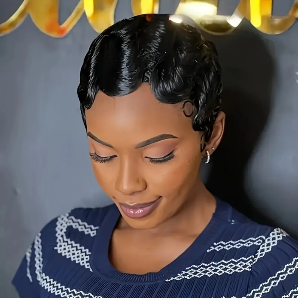 

6 Inch Pixie Cut Wig Suitable for Women - Short Finger Wave Human Hair Wigs, Full Machine-Made with bang