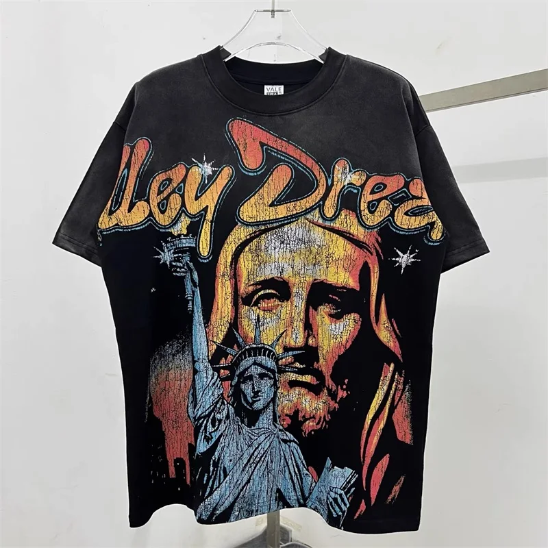 

America Statue of Liberty Printing VALLEY Black Washed Tshirts Men Women 1:1 Best Quality Oversized Vale T-Shirts