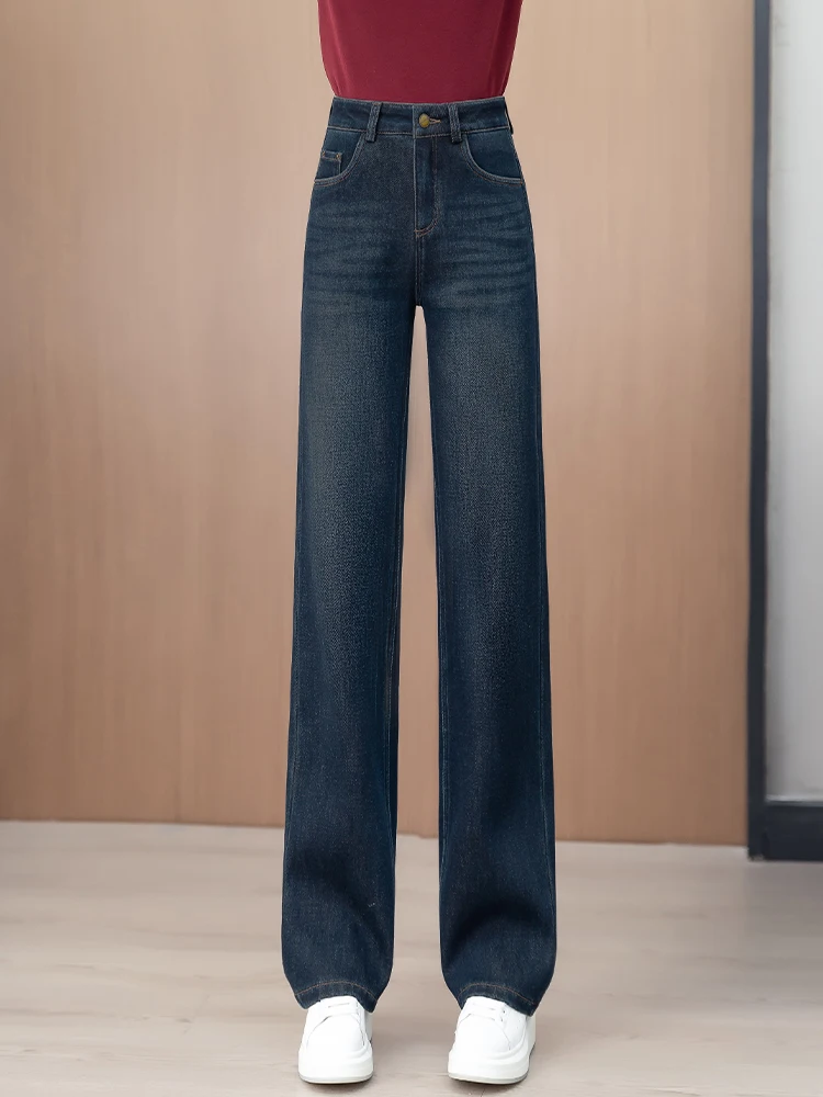 

Джинсы женские с высокой талией, прямые, на флисовой подкладке, утепленные, повседневные, свободные, широкие, для осени и зимы, новый стиль