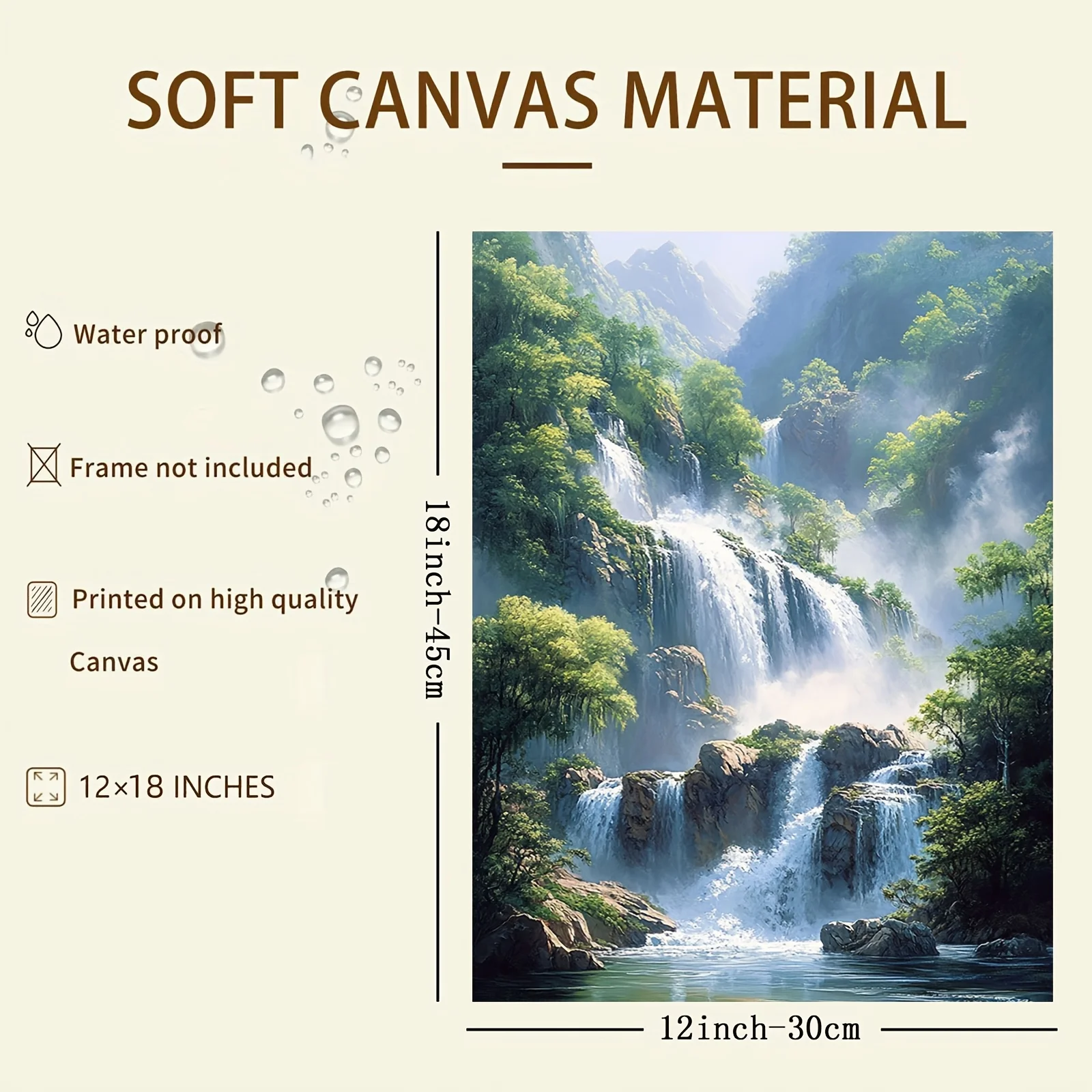 Majestic Waterfall Canvas Wall Art - Frameless 12x18 Inch Poster with Lush Greenery & Misty Falls, Serene Landscape Decor for Be