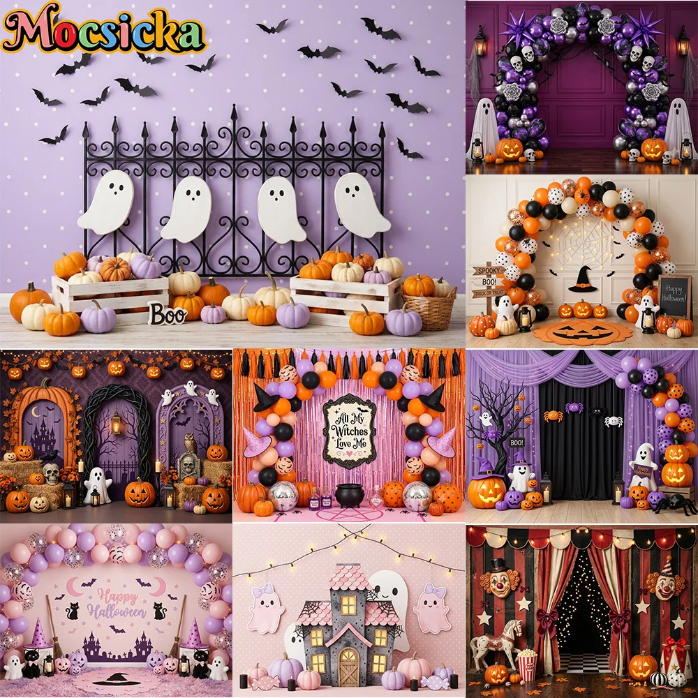 Mocsicka Photography Backdrop Cute Ghost Black Fence Decoration Happy Halloween Party Portrait Backgrounds For Photographs