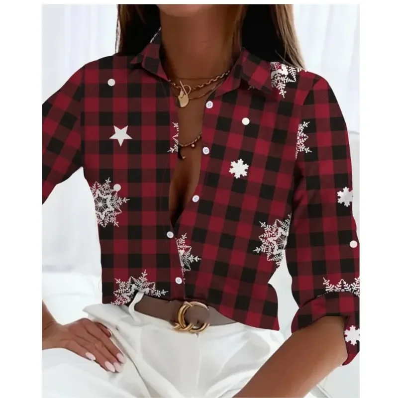 

2024 New Autumn Clothing Elegant Women's Long Sleeved Shirt Street Commuting Style Christmas Printed Patterns Blouses Tops Femme