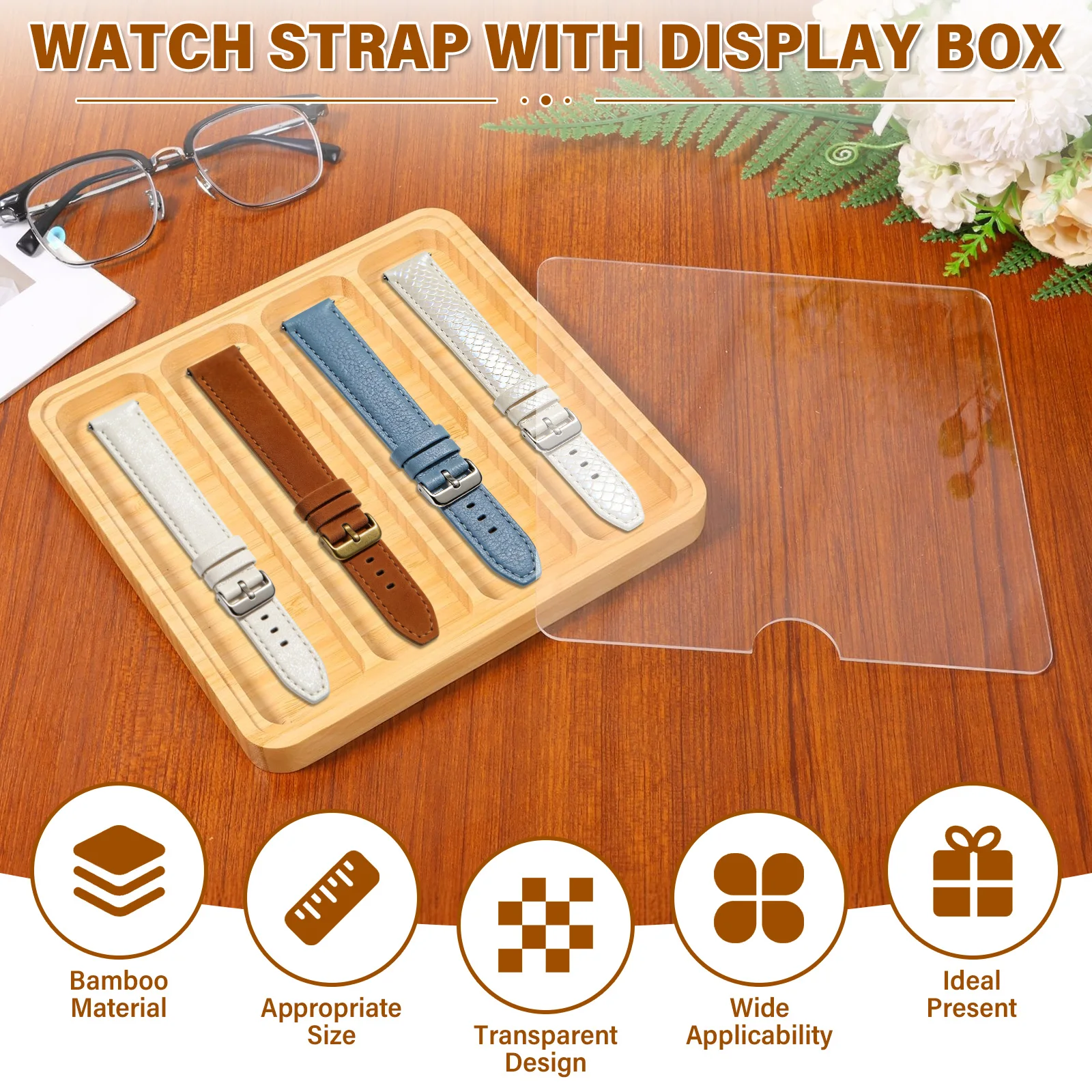 Wooden Watch Band Organizer Watch Band Display Storage Case Tray with Acrylic Top Lid Multi Slot for Home Office Shop Fit