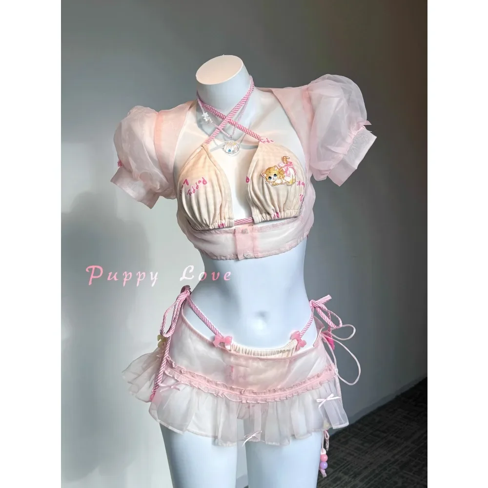 Anime Student Girl Pink Bikini Sets Kawaii Lolita Top Skirt Set Elegant Sweet Bow Pleated Skirt Suit Cosplay Costume New