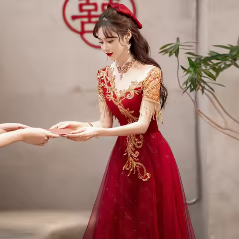 Yourqipao Chinese Wedding Toast Engagement Evening Dress Women Bridal Long Cheongsam Prom Gowns