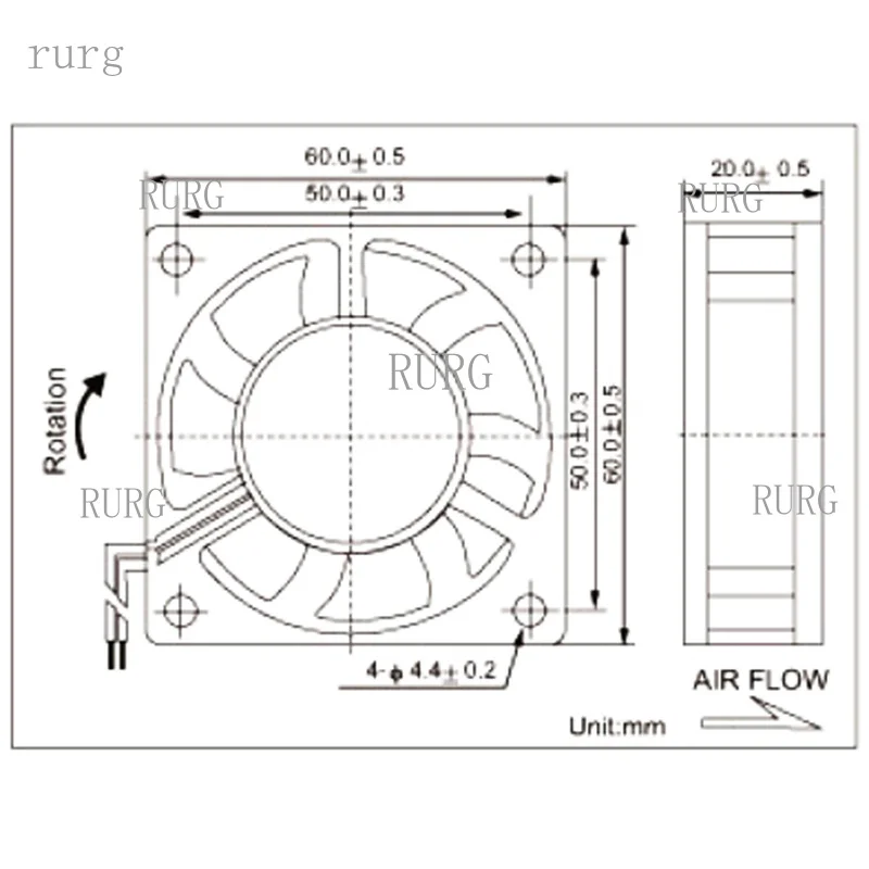 R+ 1-piece brushless DC cooling fan, 60x60x20mm, 6020, 7 blades, 5V, 0.20A, 2-pin connector
