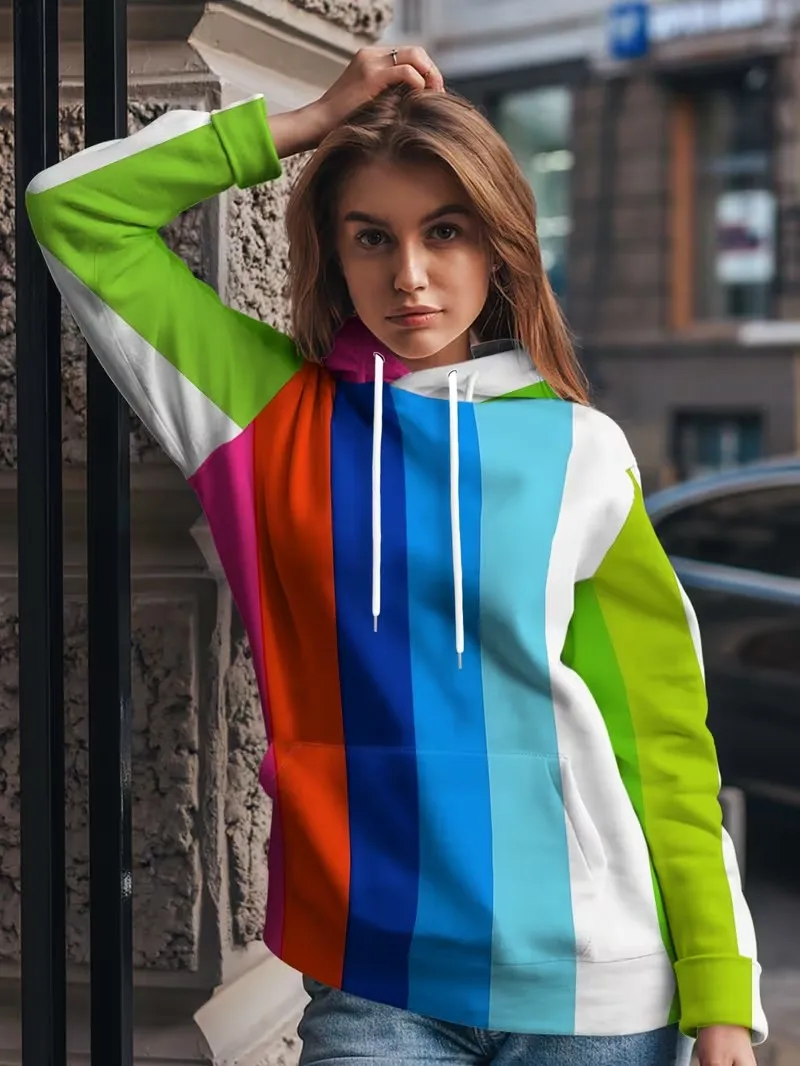 Women's autumn winter long sleeved pullover 3D classic striped checkered printed casual hoodies fashion street style hoodies