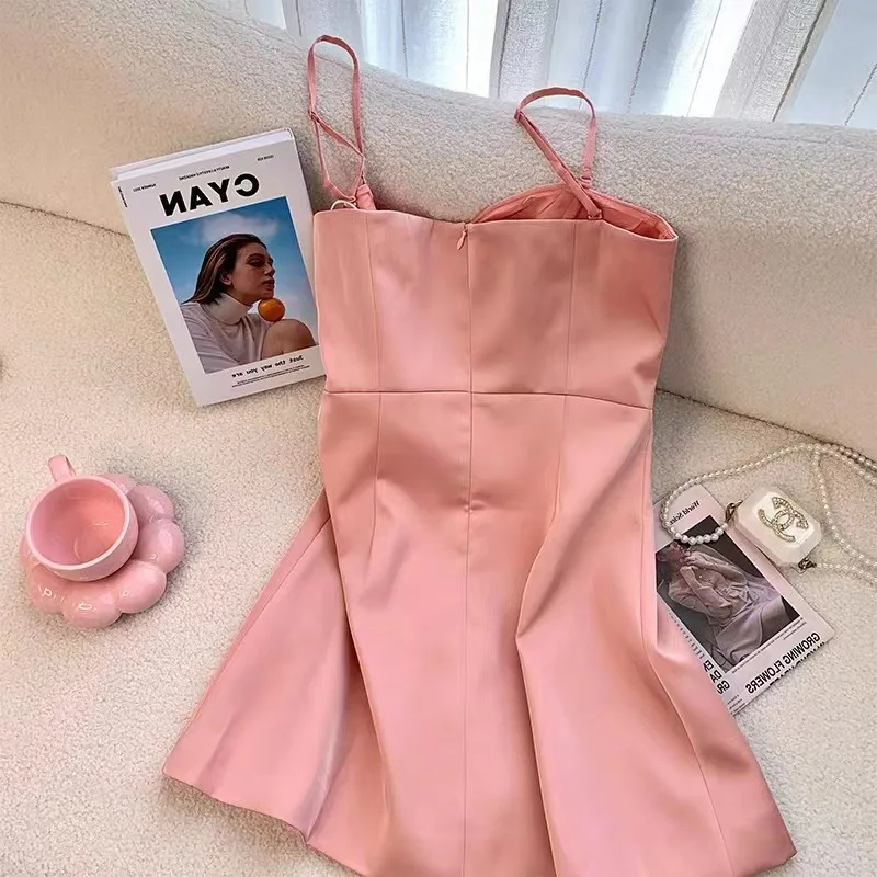 Small Fragrant Wind Pink Love Beaded Slim Waist Suspender Dress For Women Summer Sweet Niche Sexy Party Dresses s171