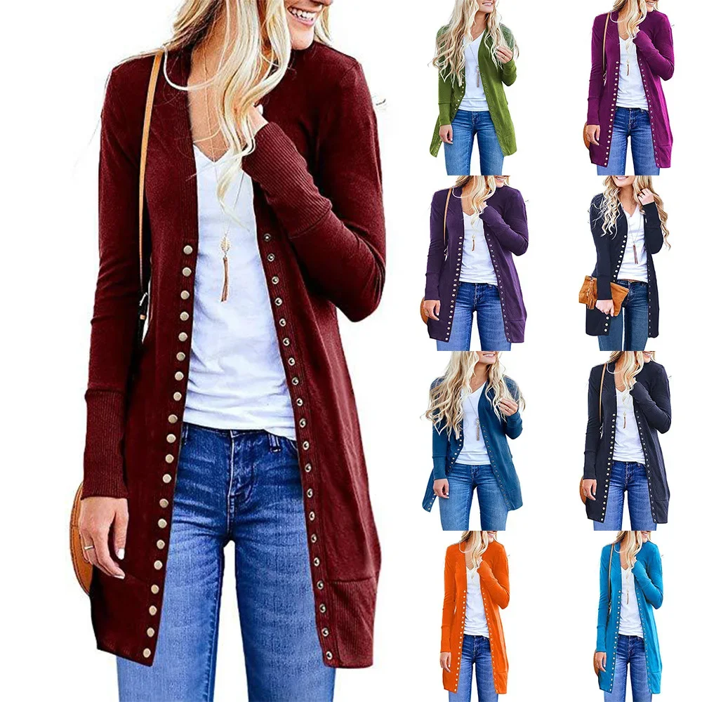 2024 autumn new hot Europe and the United States plus-size ladies fashion long button solid color cardigan coat women