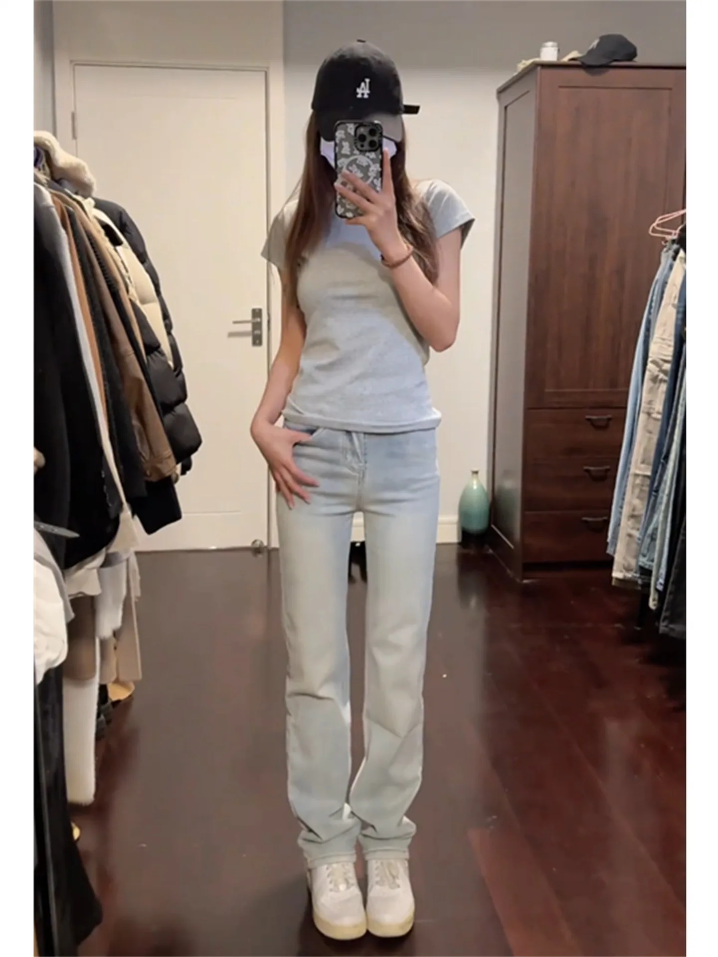 

American Vintage Clay Dye Straight Leg Jeans Women's Spring Slimming Washed Narrow Version Floor-Length Pants