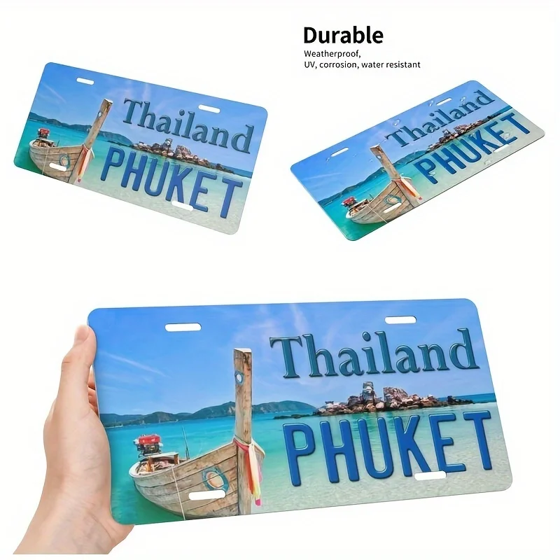 License Plate Cover and Frame, Vintage Style Aluminum Wall Art Decor - Reusable Phuket, Thailand License Plate Metal Sign Suitab