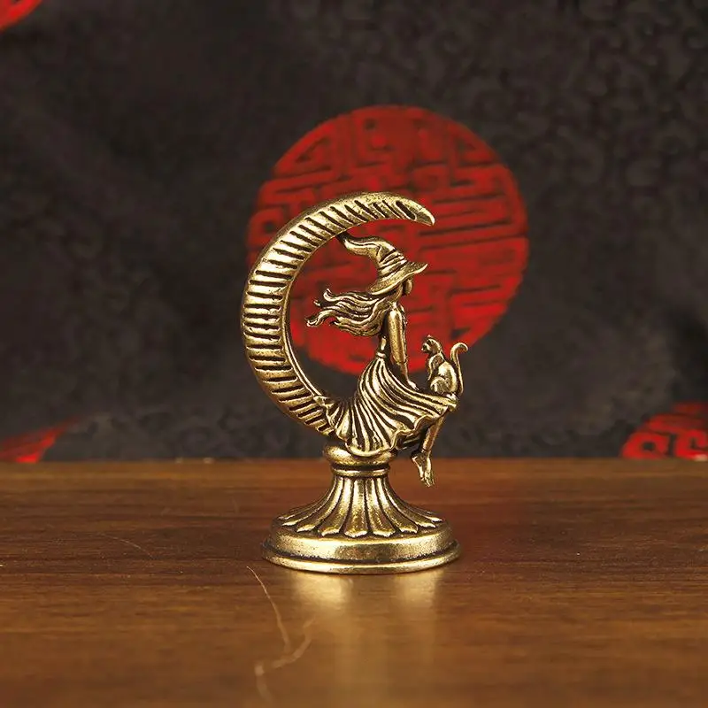 Brass Moon Witch Figurine Mini Witch Cat Statue Copper Desktop Ornament Tea Pet Home Office Decor Collectible Craft Gift