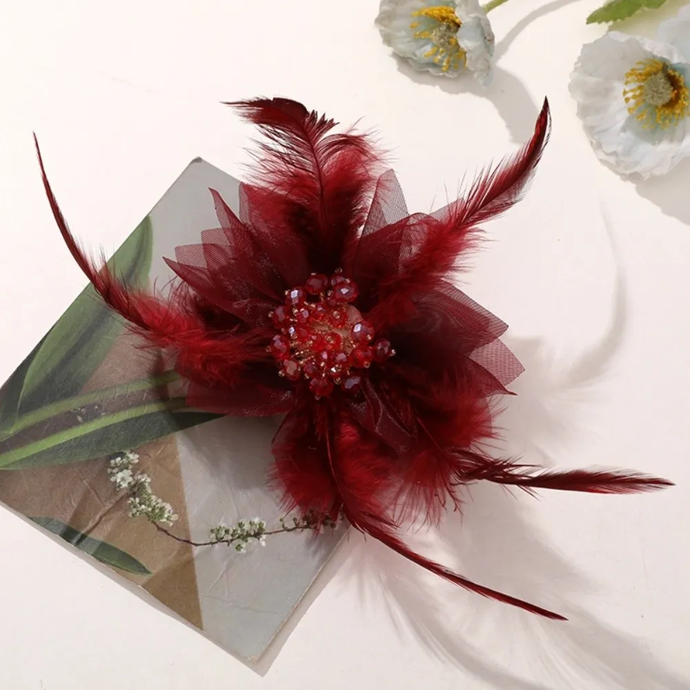 Elegant Handmade Feather Brooches Pearl Exquisite Bridal Wedding Badge Lace Hair Accessories Crystal Flower Corsage DIY Sewing
