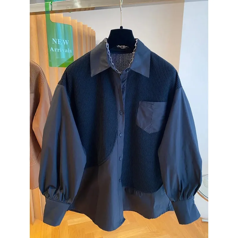

Autumn Design Knitted Patchwork Shirt Women's New Long-sleeved Loose Pocket Splicing Top