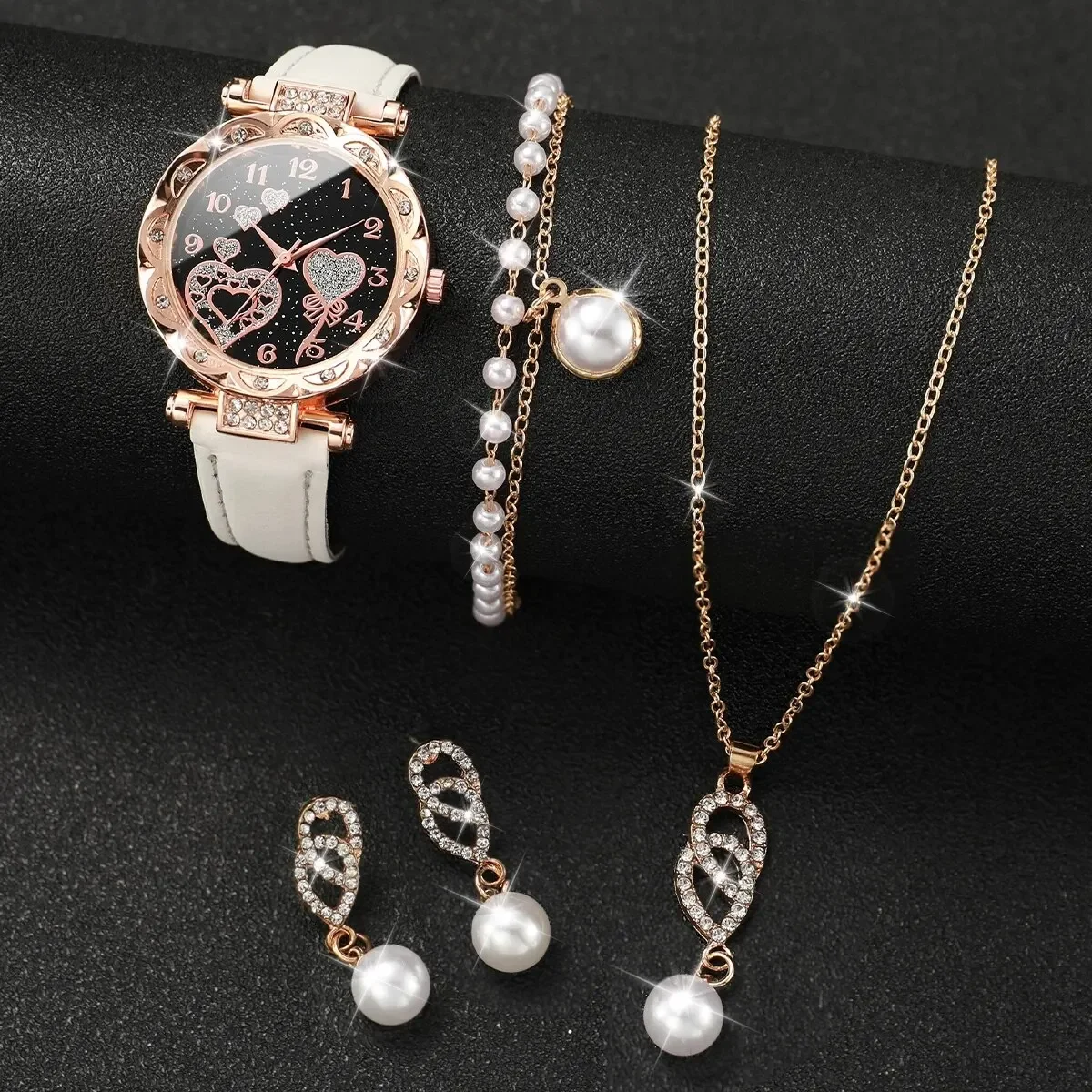 4Pcs Watch Jewelry Set Rhinestone Heart Dial Leather Quartz Watch Pearl Necklace Earrings Bracelet Gift Setwatch
