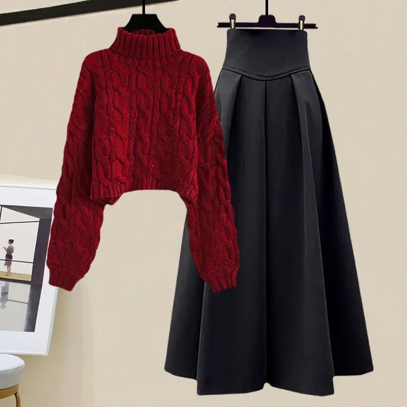 

Faionable Knitted Sweater And Skirt Two-Piece Set Women's Autumn New Sle Slimming f-High Collar Twist Design Sweater
