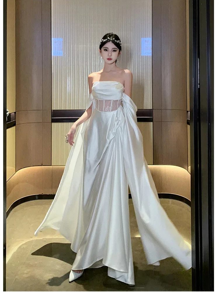 Elegant Gown French Strapless Wedding White Long Dresses for Women Sexy Lace Hollow Backless Evening Party Female Clothing Robe