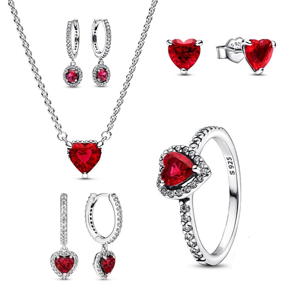 New 925 Sterling Silver Sparkling Heart Halo Pendant Collier Necklace Red Heart Ring Round Hoop Earrings Women Jewelry Set Gift