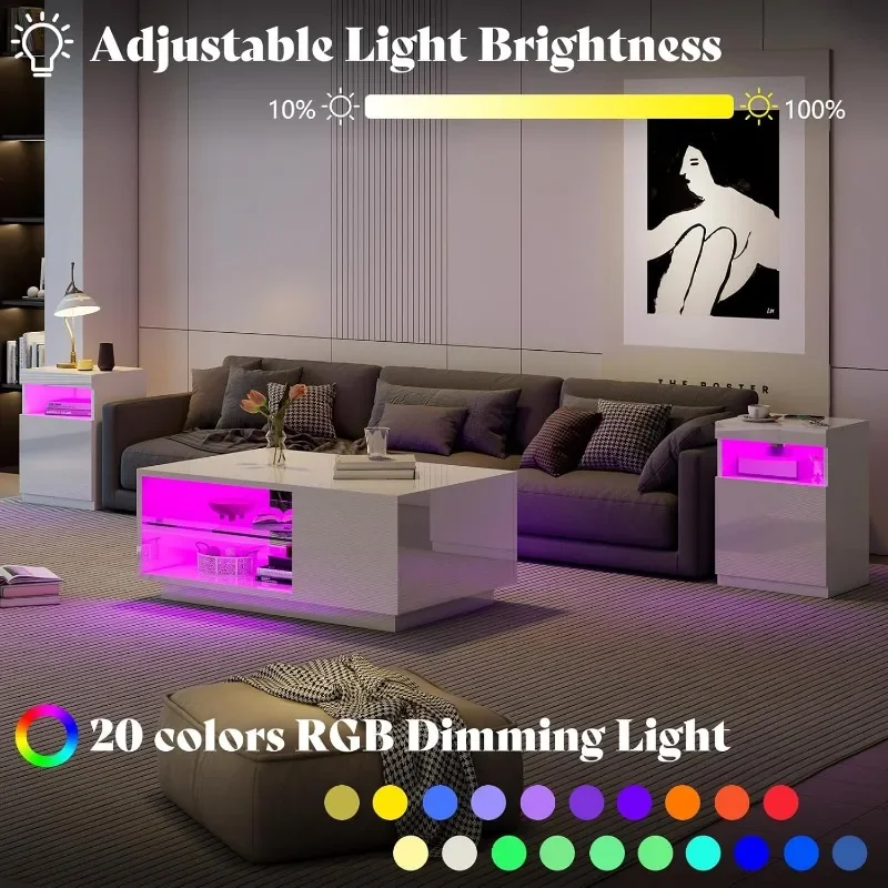 3-Piece Modern High Gloss LED Table Set, Coffee Table with 20-Color LED Lights, 2 End Tables with Wireless Charging Station