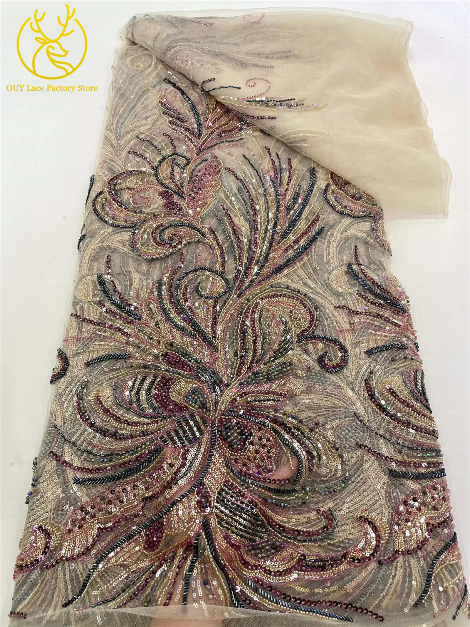 5 Yards luxuriöser afrikanischer Perlenstoff für Bräutigame 2026, exquisite nigerianische Pailletten-Stickerei-Spitze für Damen-Abendkleider zum Nähen – Detail 16