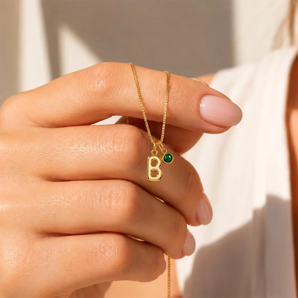 Personalized Bubble Letter Necklace with Birthstone for Women Elegant Custom Stainless Steel Heart Round Stone Pendant Jewelry