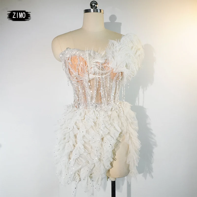 

2024 new arrival SEXY white dress sequin feather lace backless 2 piece top and skirt birthday party birthday performance costume