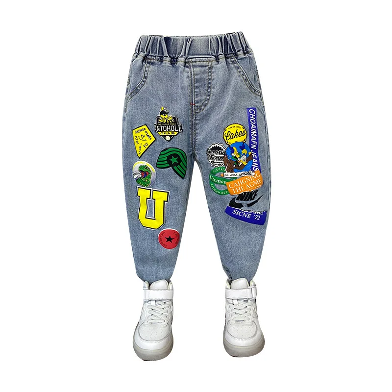 Boys\' Graffiti Stretch Jeans Spring and Autumn New Children\'s All-Match Trendy Brand Pants Boys\' Foreign Trade Crawler