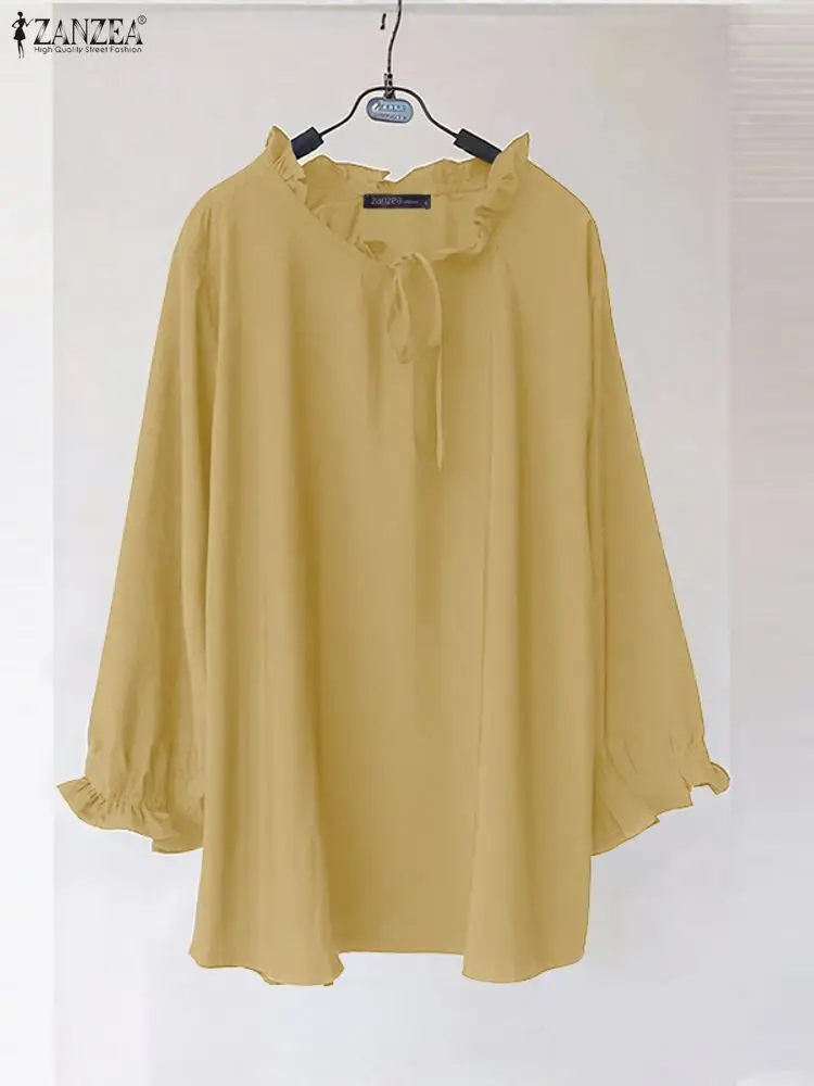 ZANZEA Women Elegant Blouses Fashion Solid Color Tops 2025 Lace-Up Pullover Autumn Office Work Blusas Casual Loose Ruffled Tunic