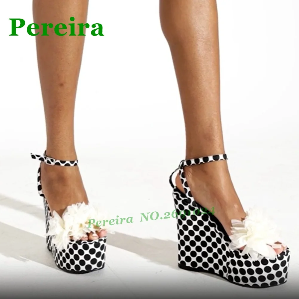 Polka Dot Flower Wedges Sandals Open Toe Platform Buckled Women's Sandals 2025 New Summer High Heels Slingback Runway Party Shoe view 5