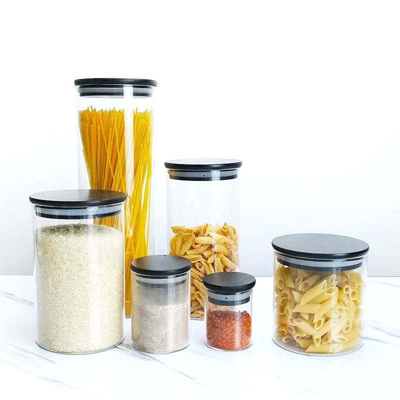 Airtight Glass Jars with Black Bamboo Lid Kitchen Storage Bottles Jar Sealed Food Container Tea Jars Orgnizer