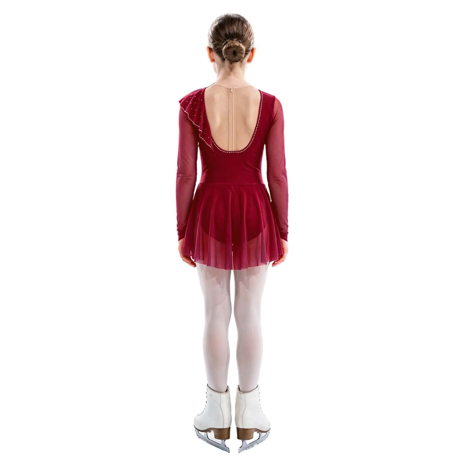 Kids Girls Figure Ice Skating Rhythmic Gymnastics Costume Long Sleeves Shiny Rhinestone Mesh Lyrical Ballet Dance Dress Leotard