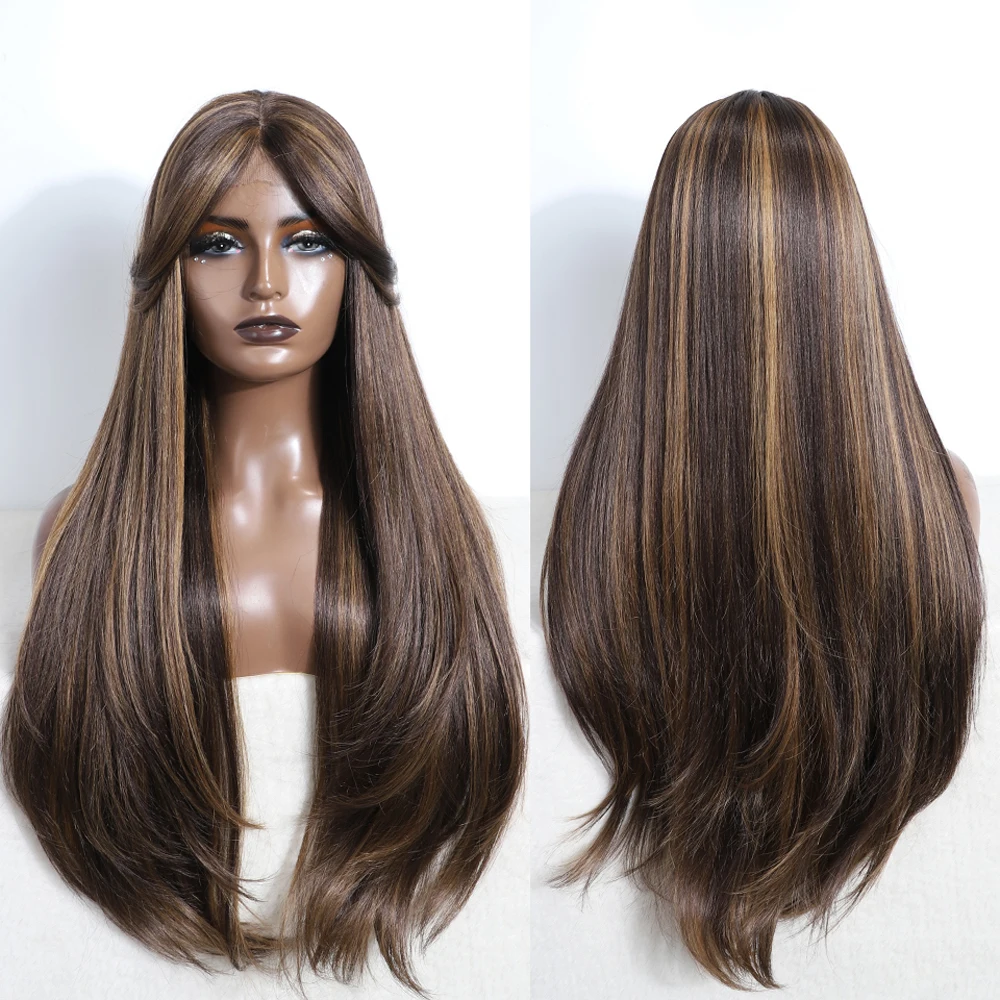 30Inch Synthetic Lace Front Wig With Bang Long Straight Lace Front Wigs Ombre Chocolate GoldWigs For Black Women Cosplay Wigs