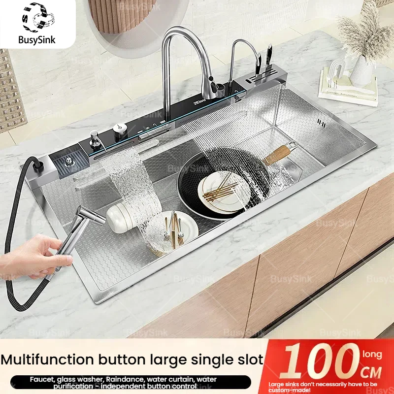 

Нержавеющая сталь Водопад Кухонная раковина Интеллектуальный цифровой дисплей Смеситель для мытья овощей Раковина для мытья посуды Миска для мытья посуды Большой с одним слотом