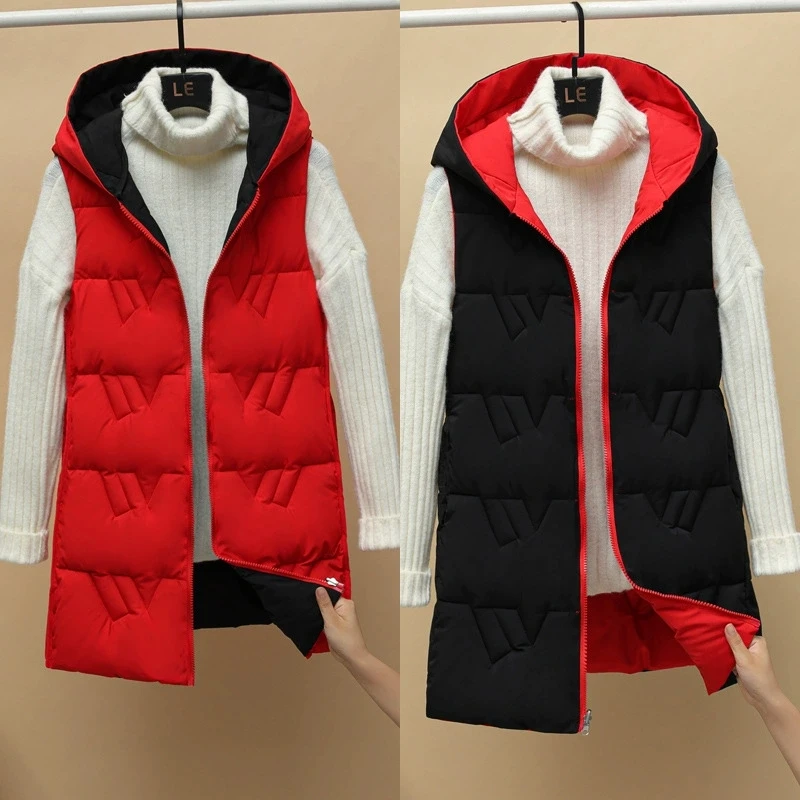 Autumn Winter Two-Sided Hooded Light Casual Down Cotton Vest Coat 2025 New Women Long Vest Jacket Korean Loose Waistcoat Jacket