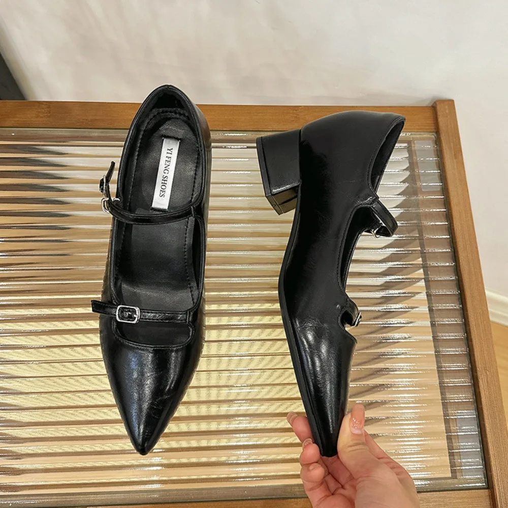 2026 Summer New Pointed Shallow Mouth Coarse Follow Up Shoes for Women with One Word Strap Mary Jane Shoes with Inner High Heels