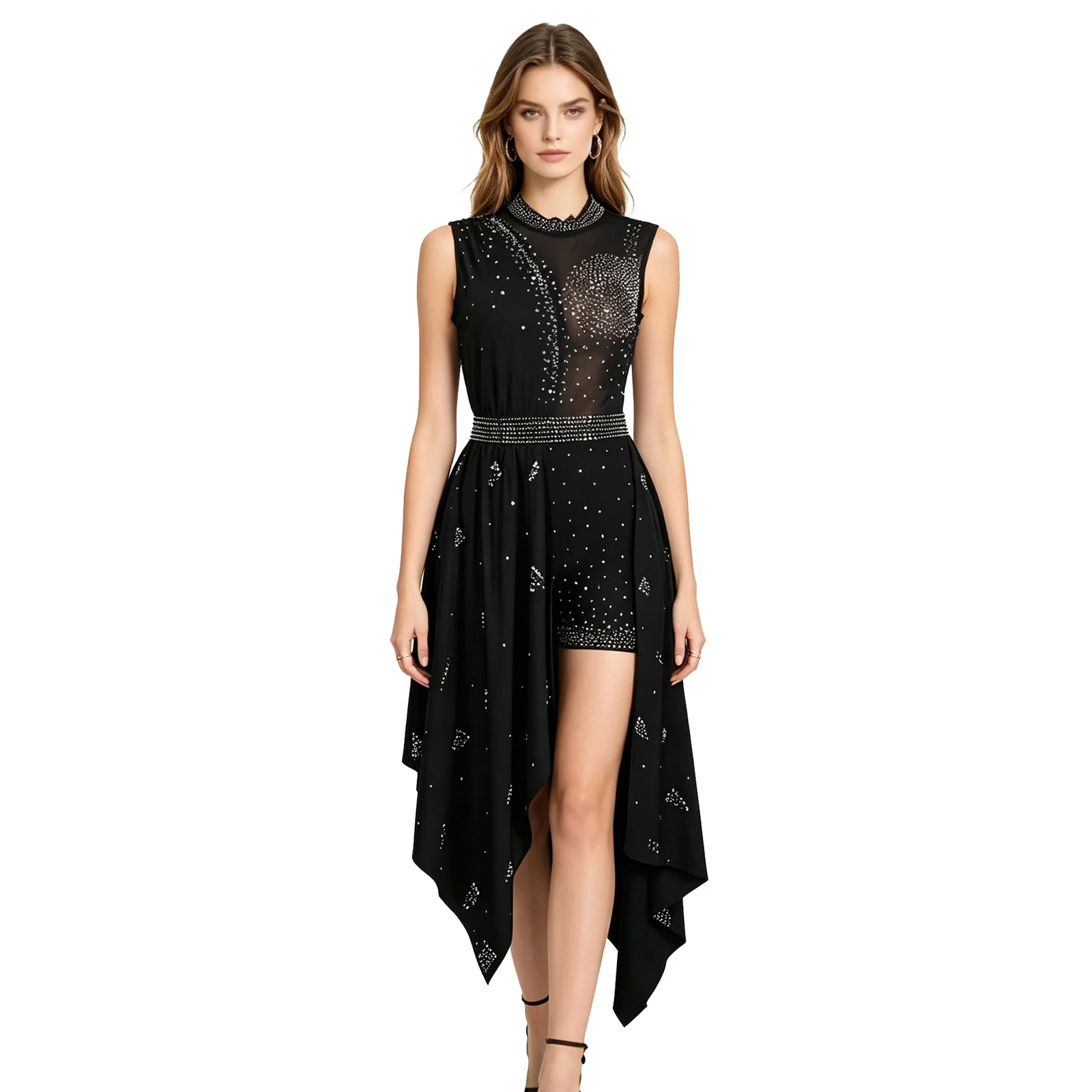 

Women Glitter Rhinestone Romper Sleeveless Sheer Mesh Patchwork Irregular Skirted Jumpsuit for Stage Pageant Dance Performance