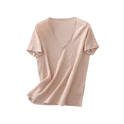Yuyue T-shirt da donna in seta nuova estate stile giapponese semplice scollo a V in lino di seta manica corta Top 19% seta di gelso + 81% lino