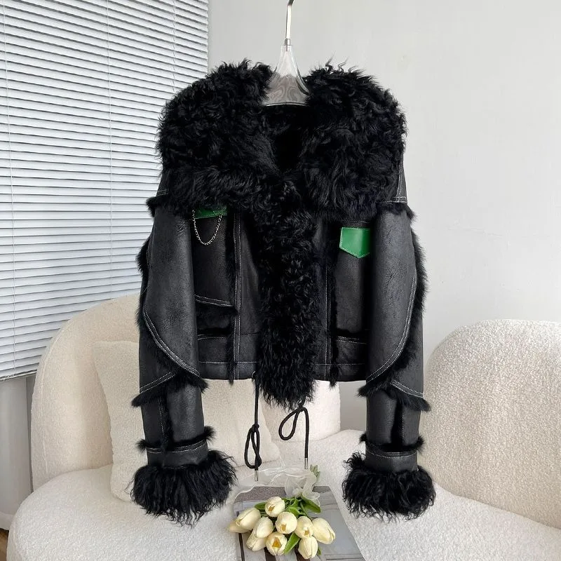 A New Functional Winter Faux Rabbit Fur Integrated Coat Women Sweet  Cool Korean-style Motorcycle Jacket Fashionable Simple Warm