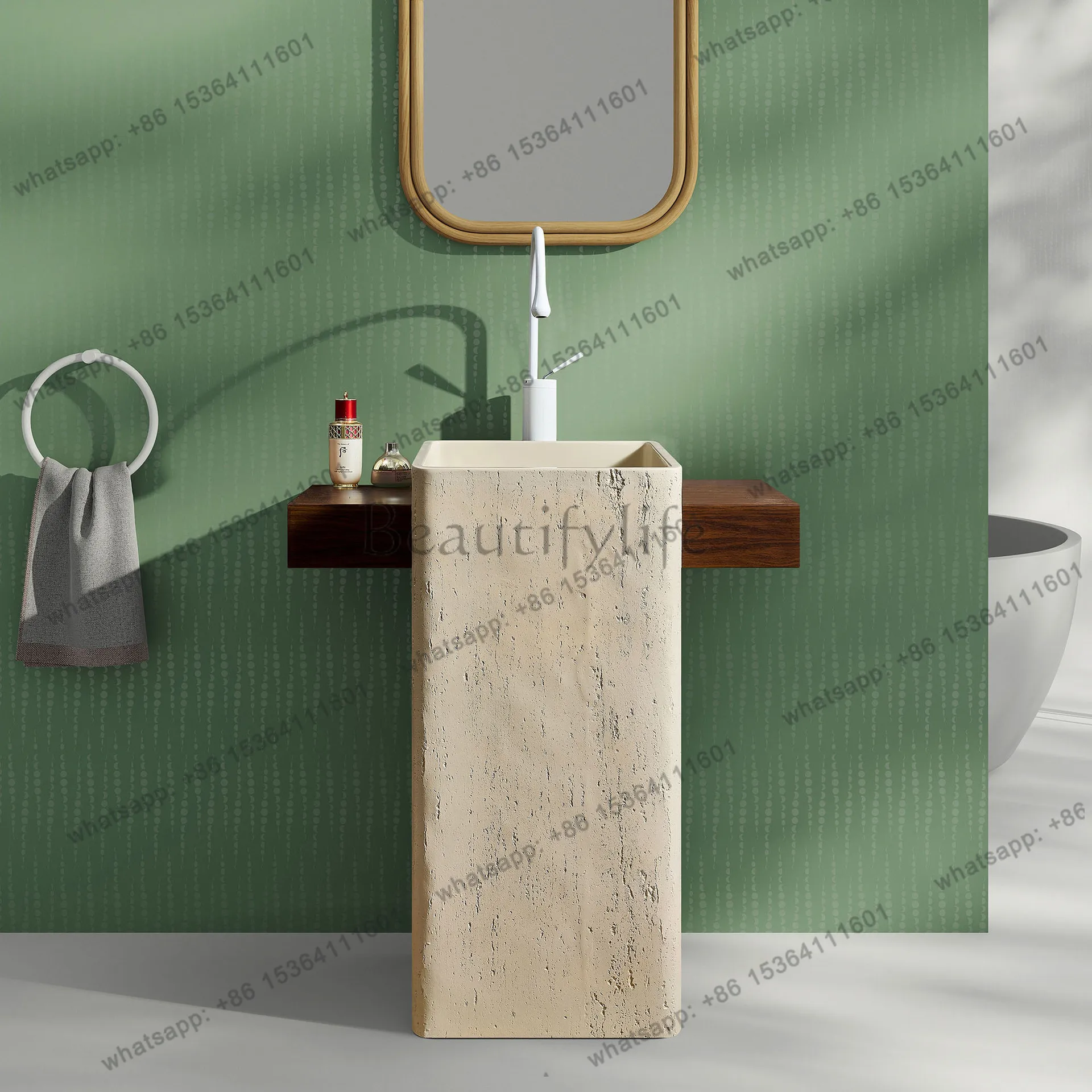 Wabi Sand Wind Beige Travertine Washbasin Hotel B & B Pillar with Countertop Household Outdoor Courtyard Washbasin