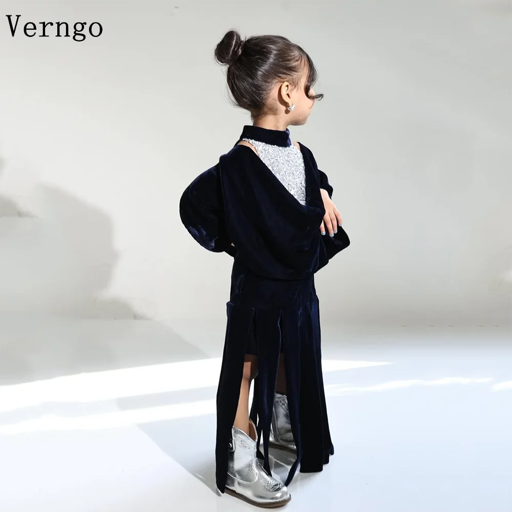 Verngo Black Velvet Sequined Birthday Party Dress High Neck A Line Girl Flowers Dress Elegant Princess Pleat Kid Gown Customized