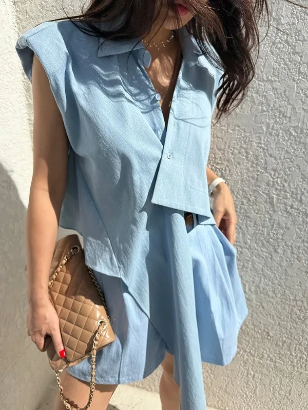 韓国デザイン非対称デニムベストシャツ女性の夏の新しいヴィンテージハイウエストカジュアルショーツセットレディースファッションスウェットシャツ