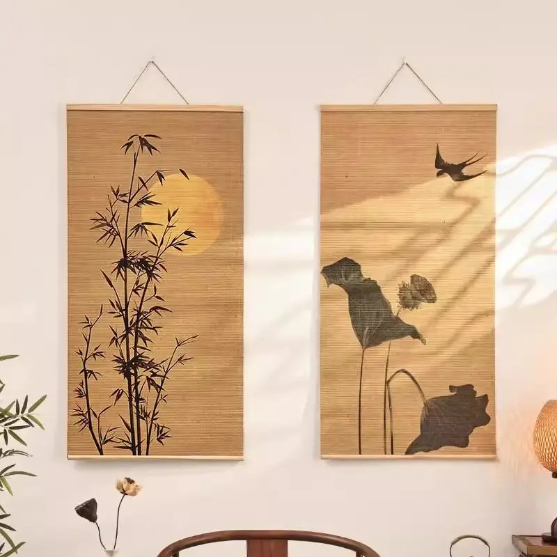 Oriental Wall Decor Bamboo Scroll Painting Bamboo Shadow Lotus Pond Moon Bird Illustration Wabi Sabi Aesthetic for Bedroom Study