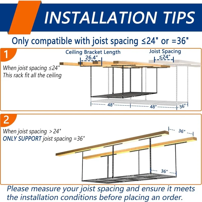 2025, capacità di peso di 600 libbre (nero) Scaffale per garage sopraelevato da 3 x 8 piedi Scaffale per garage Sistema di organizer per riporre oggetti pesanti