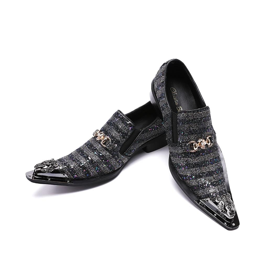 Christia Bella Shiny Sequins Stripe Men Party Oxford Shoes Metal Pointed Toe Men Wedding Dress Shoes Genuine Leather Men Shoes