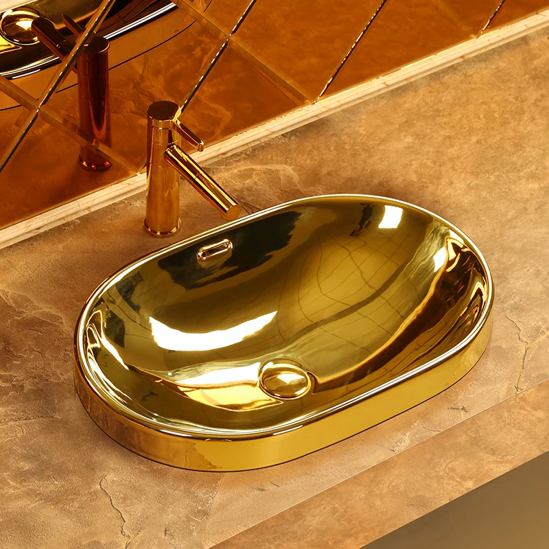 European style home KTV hotel golden countertop basin semi-built-in washbasin oval countertop basin square washbasin